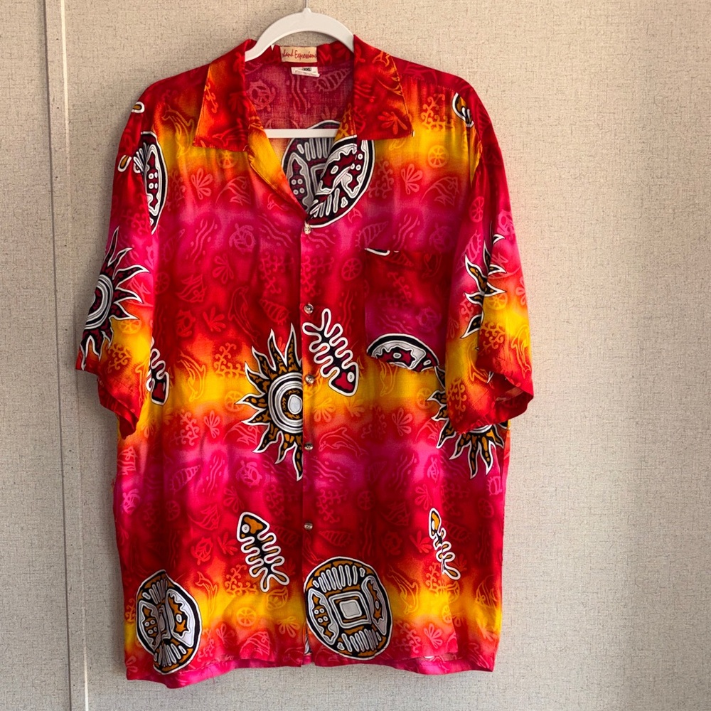 Island Expressions Mens Red Hawaiian Shirt XXL Bold Sun Retro Y2K Resort VTG
